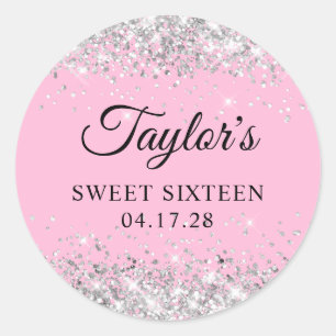Ljusa rosa Sweet sixteen silver Glitter Runt Klistermärke