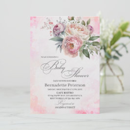 Ljusa rosa vattenfärgsblommor, babykläder inbjudningar