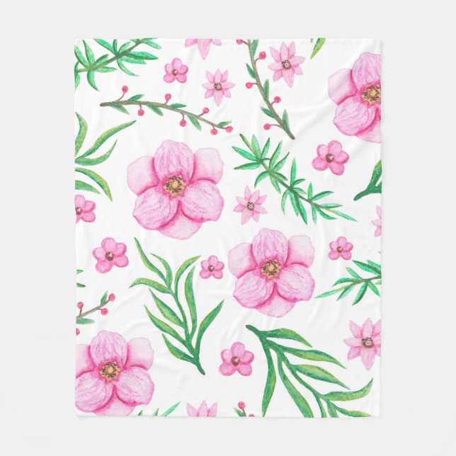 Ljusa rosa vattenfärgsblommor, små berries och  fleecefilt (Framsidan)