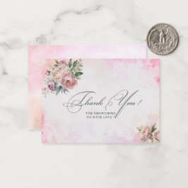 Ljusa rosa vattenfärgsblommor, tack för babydusche anteckningskort