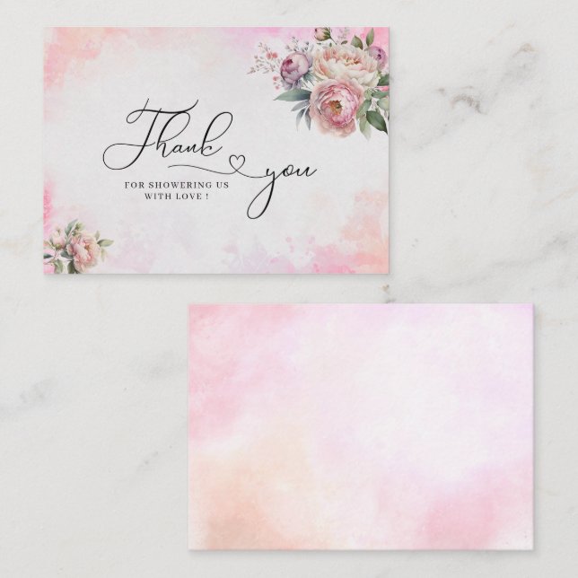 Ljusa rosa vattenfärgsblommor, tack för babydusche anteckningskort (Fram/baksida)
