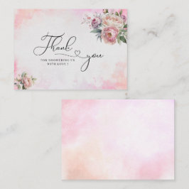 Ljusa rosa vattenfärgsblommor, tack för babydusche anteckningskort