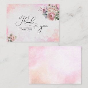 Ljusa rosa vattenfärgsblommor, tack för babydusche anteckningskort
