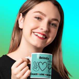 Ljusa Teal Peace-Kärlek-sjuksköterskans uppskattni Kaffemugg