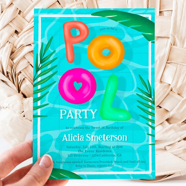 Ljusa Tropical bassäng party neon floaters Sweet 1 Inbjudningar (Bright Tropical pool party neon floaters Sweet 16 Invitation)