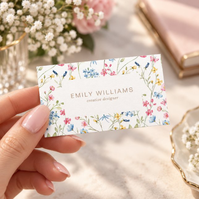 Ljusaffärskort för blomsterbutik visitkort (Bright Wildflower Watercolor Business Card, colorful floral border, creative designer template)