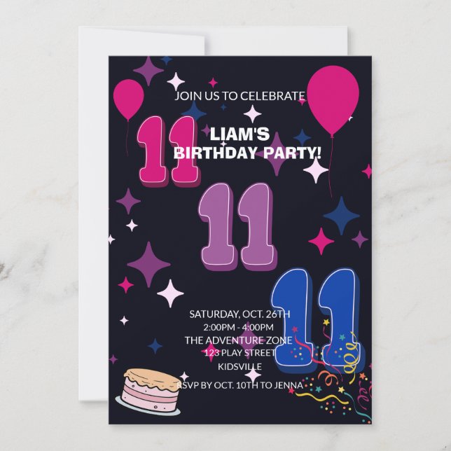 Ljusande 11-årsdag | Rosa Blått Konfetti Inbjudningar (Framsida)