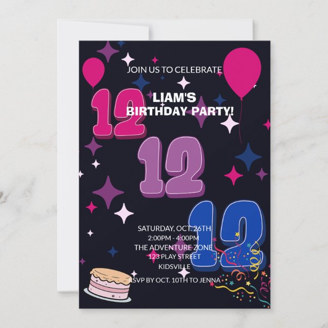 Ljusande 12-årsdag | Rosa Blått Konfetti Inbjudningar (Framsida)