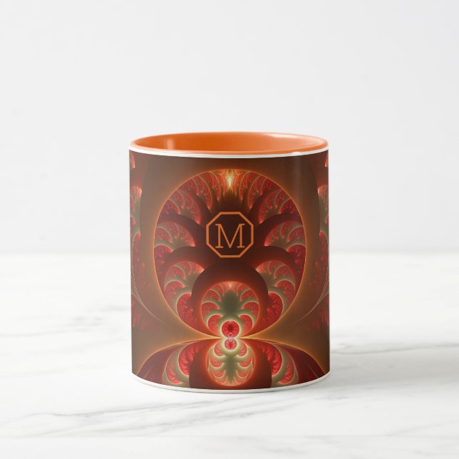 Ljusande abstrakt orange röd Fraktalmonogram Mugg (Center)