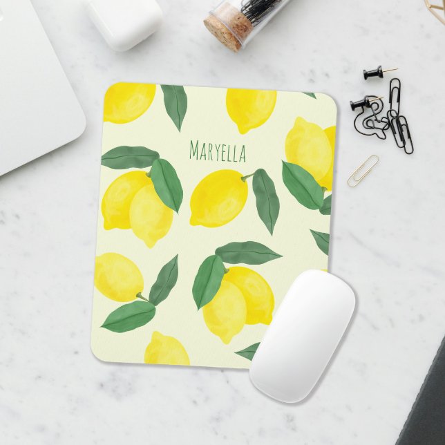Ljusande akvarellcitroner Handritade gula Musmatta (Watercolor lemon custom name mediterranean citrus mouse pad)