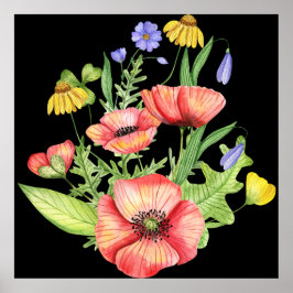 "Ljusande akvarellvildblommor på svart duk" Poster
