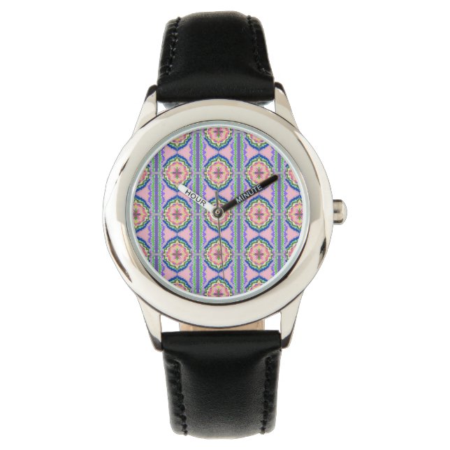 Ljusande blomkalejdoskop: Rosa & smaragdmandala Armbandsur (Framsida)