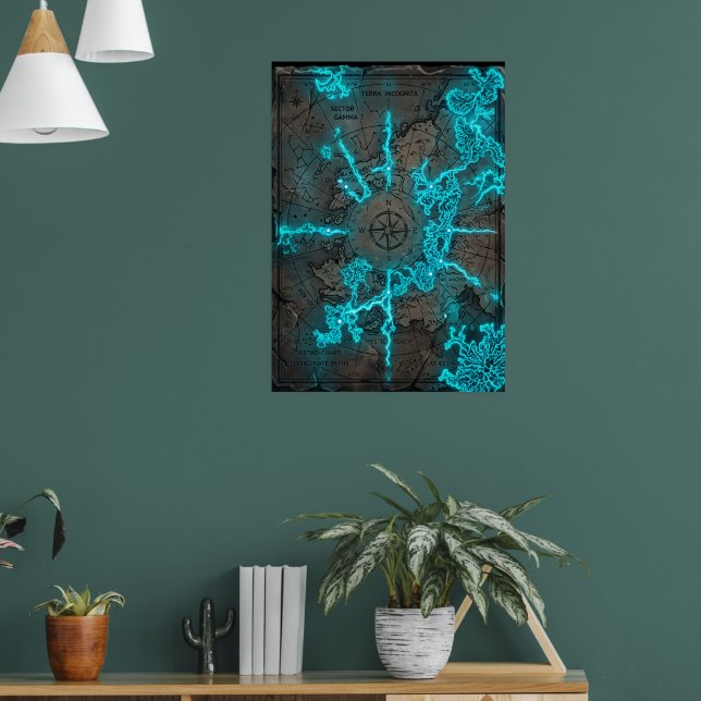 Ljusande cyan fantasiskarta neonkompassros poster (Vardagsrum 1)