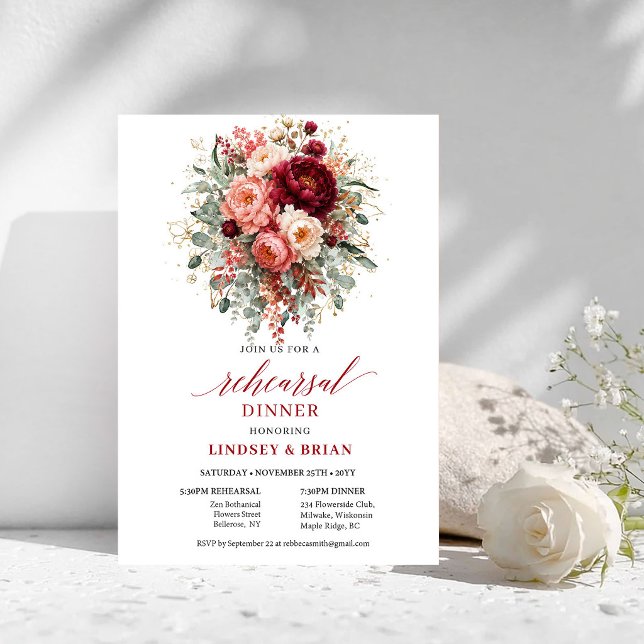 Ljusande djupröda boho-repetitionsmiddagsinbjudan inbjudningar (Glowing Deep Red Boho Rehearsal Dinner Invitation

)