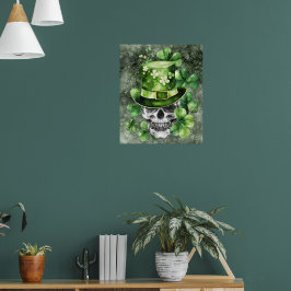 Ljusande dödskalle med grön hatt-illustration poster