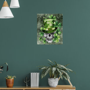 Ljusande dödskalle med grön hatt-illustration poster