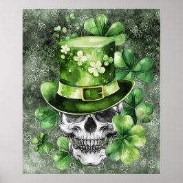 Ljusande dödskalle med grön hatt-illustration poster