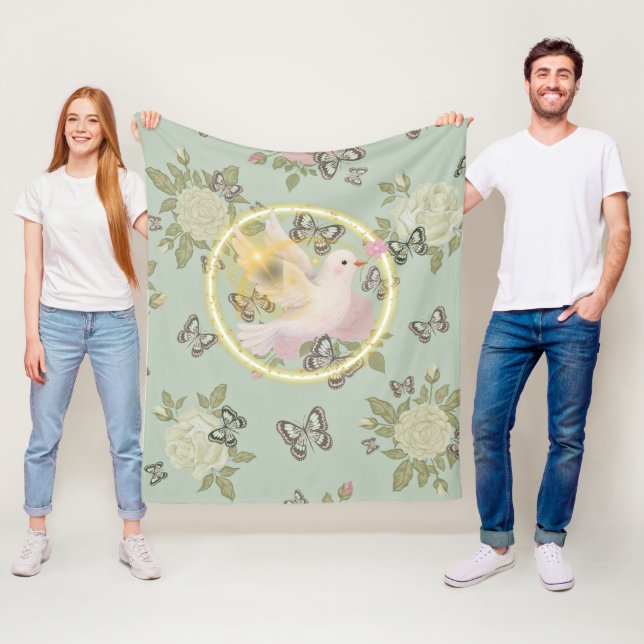 Ljusande duva blomstertäcke – Mjuk salvia grön Fleecefilt (På plats)