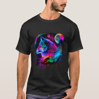 Ljusande Färgrik Målning Varg Ansikte Vildmark T Shirt