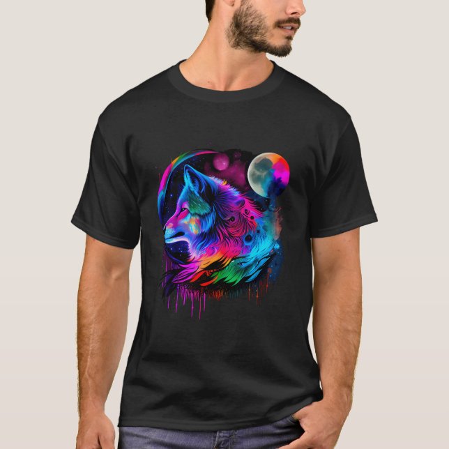 Ljusande Färgrik Målning Varg Ansikte Vildmark T Shirt (Framsida)