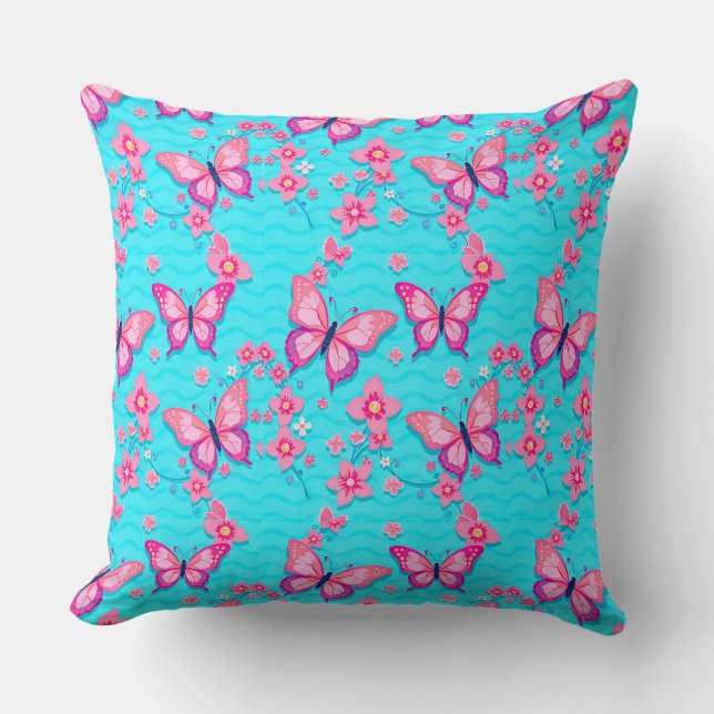 Ljusande fjärilar och blommor design kudde (Framsida)