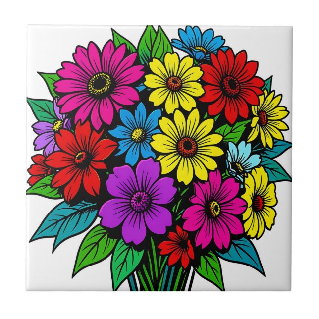 Ljusande flerfärgad blomsterbukett  kakelplatta (Framsidan)