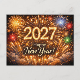 Ljusande gyllene fyrverkerier Gott nytt år 2027 Helg Vykort