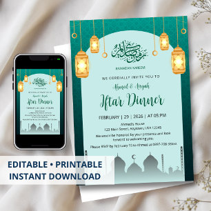 Ljusande gyllene lyktor Teal-båge Iftar-inbjudan Inbjudningar