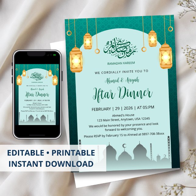 Ljusande gyllene lyktor Teal-båge Iftar-inbjudan Inbjudningar (Skapare uppladdad)