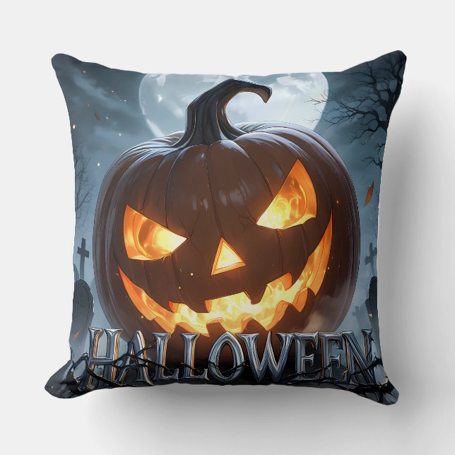 Ljusande Halloween-pumpa Måne Kudde (Framsida)