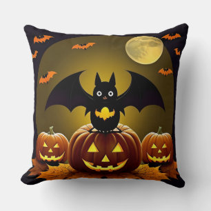 🦇🌙 Ljusande Halloweenkatt av fladdermus-pumpa är Kudde