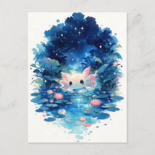 Ljusande Indigo Skog Kawaii Axolotl Damm Vykort