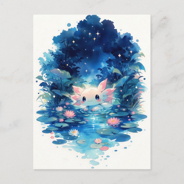 Ljusande Indigo Skog Kawaii Axolotl Damm Vykort (Framsida)