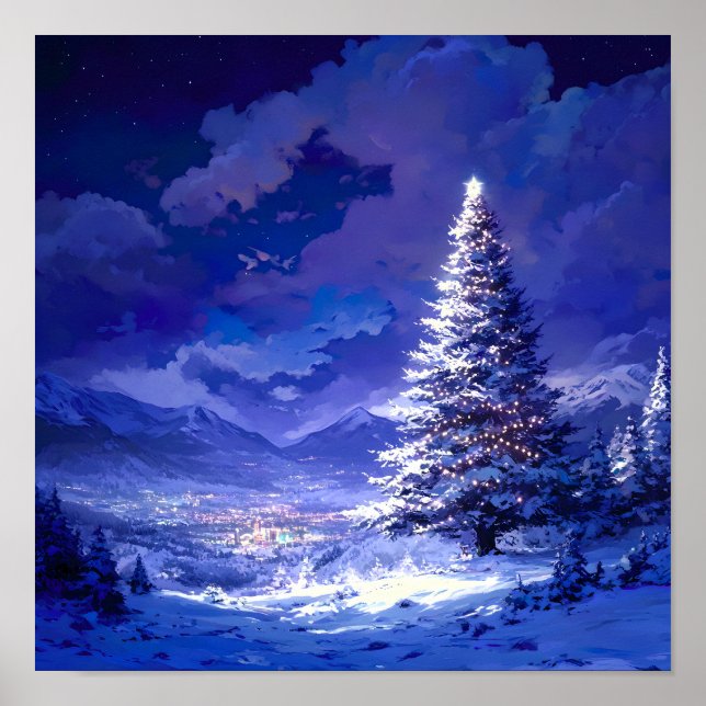 Ljusande julgran snöigt bergslandskap poster (Framsidan)