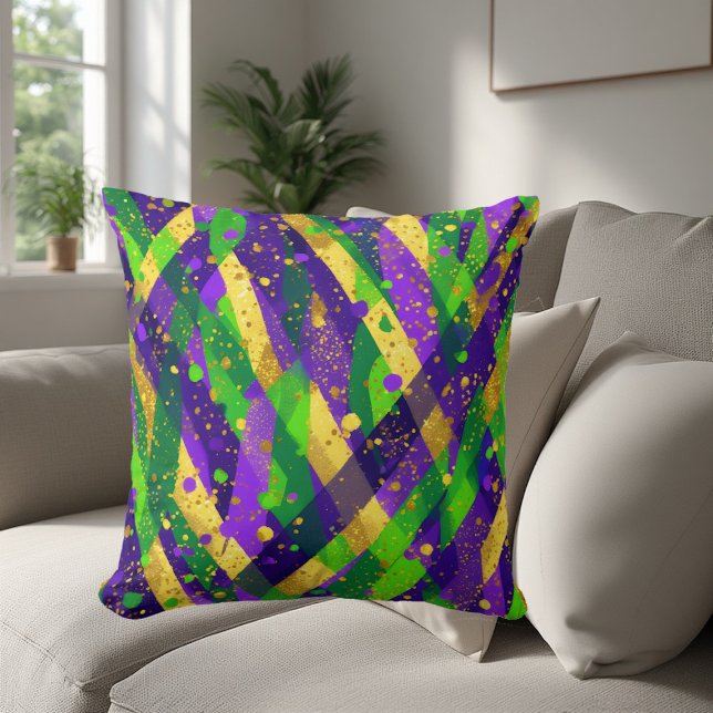 Ljusande Mardi Gras Lila Grön Guld Kalla Ränder  Kudde (Vibrant Mardi Gras Purple Green Gold Cool Stripes Throw Pillow)