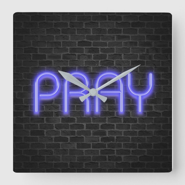 Ljusande neon PRAY-tecken på tegel Fyrkantig Klocka (Framsida)