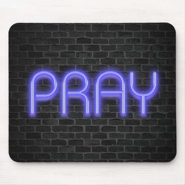 Ljusande neon PRAY-tecken på tegel Musmatta (Framsidan)