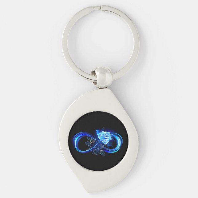 Ljusande oändlighet med blå ros swirl silverfärgad nyckelring (Framsidan)
