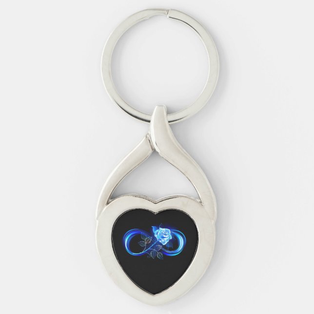 Ljusande oändlighet med blå ros twisted heart silverfärgad nyckelring (Framsidan)
