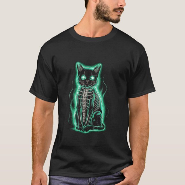 Ljusande röntgen skelett katt konst t shirt (Framsida)