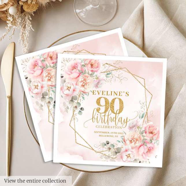 Ljusande rosablommig 90-årsfest i rosa nyans pappersservett (Glowing blush pink floral 90th birthday party napkins)