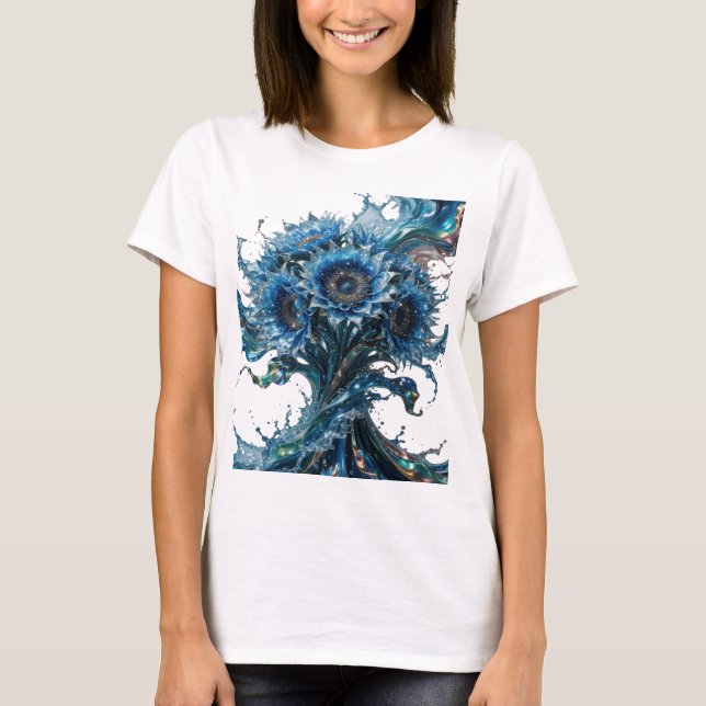 Ljusande silver BLÅ BLOMSTEREXPLosion T Shirt (Framsida)