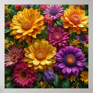 Ljusande Skärm av Gula och Lila Blommor Poster