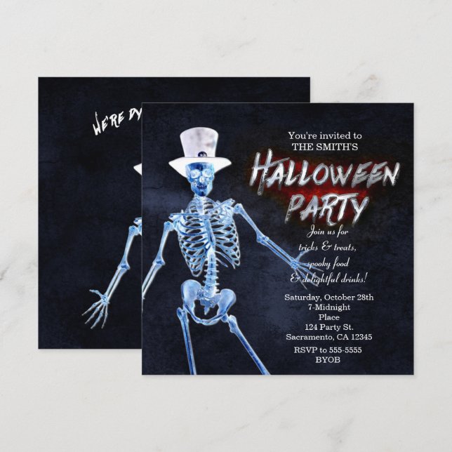 Ljusande skelett Halloween-festlighetsinbjudningar Inbjudningar (Fram/baksida)