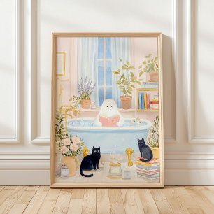 Ljusande spök läsning i bubbelbad med svarta katte poster