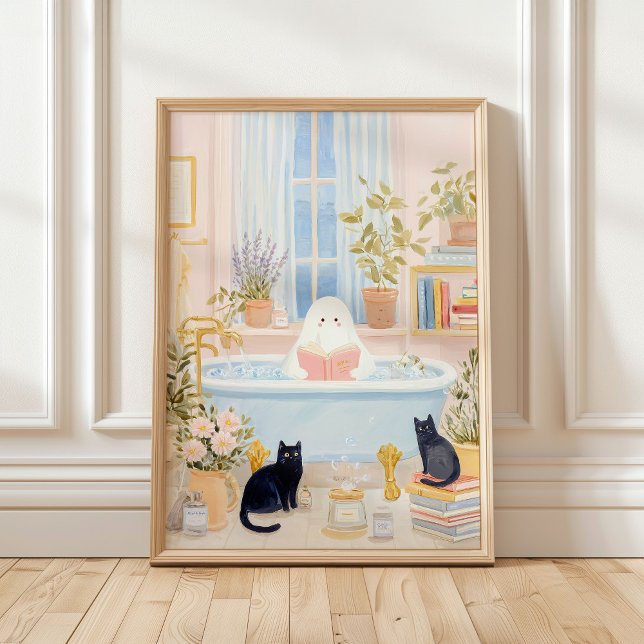 Ljusande spök läsning i bubbelbad med svarta katte poster (Skapare uppladdad)