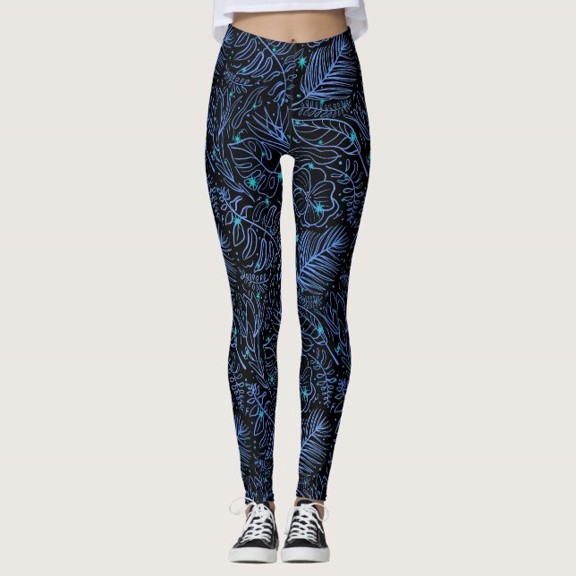 Ljusande spridda växtkonturer.Blå Svart BG Leggings (Framsida)