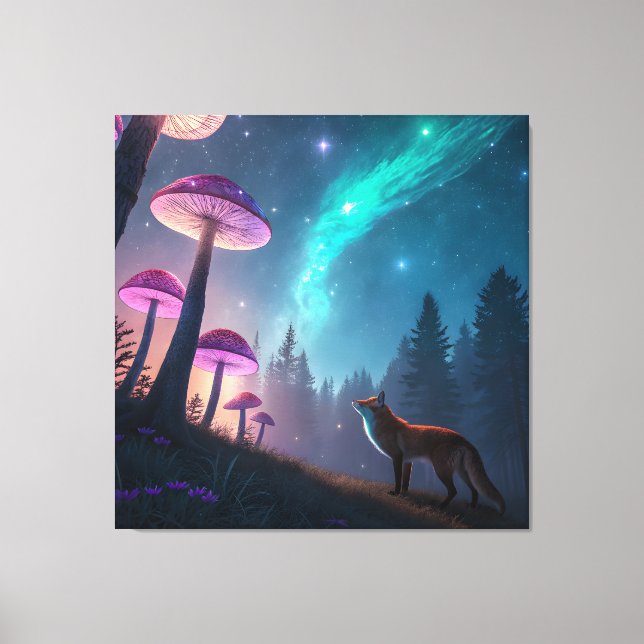 Ljusande Svamp Skog Räv Fantasy Konst Canvastryck (Framsida)