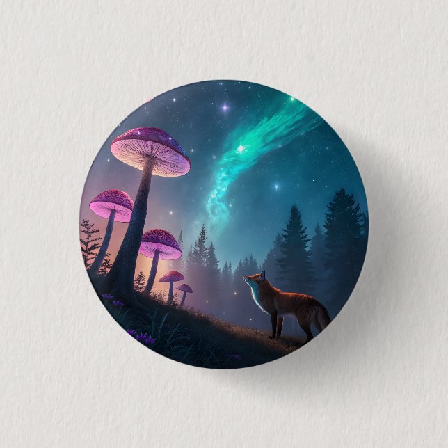 Ljusande Svamp Skog Räv Fantasy Konst Knapp (Framsida)
