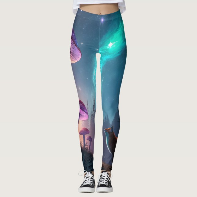 Ljusande Svamp Skog Räv Fantasy Konst Leggings (Framsida)